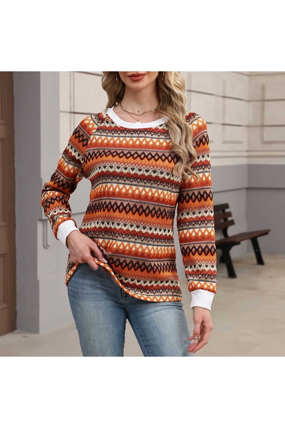 Long Sleeve Shirts For Women Wave Striped Long Sleeve Crew Neck Slim Fitted Knitted Pullover Sweater Gifts For Women