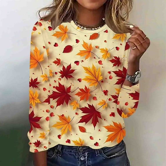 Craaazy Long Sleeve Shirts for Women Casual Crewneck Pullover Blouse Vintage Maple Leaf Print Loose Tops Gifts