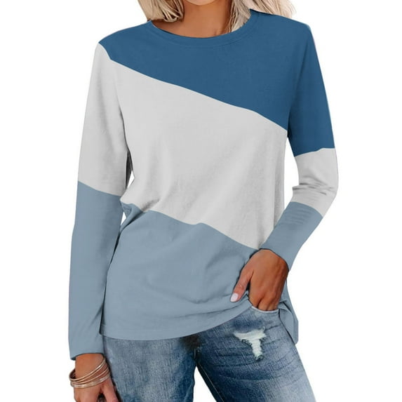 Craaazy Long Sleeve Shirts for Women Fashion Color Block Crew Neck Blouses Tunic Shirts Gifts for Women