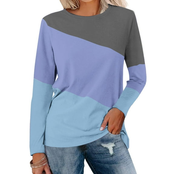 Craaazy Long Sleeve Shirts for Women Fashion Color Block Crew Neck Blouses Tunic Shirts Gifts for Women