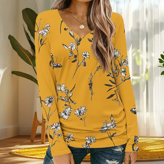 Craaazy Long Sleeve Shirts for Women Trendy Printed V Neck Long Sleeve Pullover Tops Flower Graphic Striped Shirt Gifts