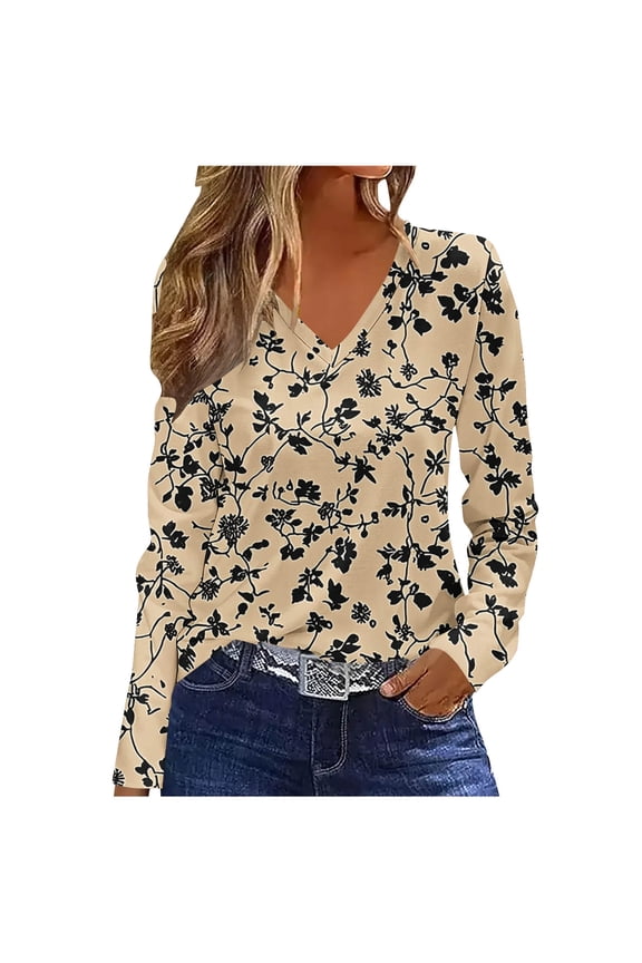 Long Sleeve Shirts for Women V Neck Fall Tops Vintage Floral Gifts Printed Tunic Tops
