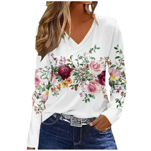 Craaazy Long Sleeve Shirts for Women V Neck Fall Tops Vintage Floral Gifts Printed Tunic Tops