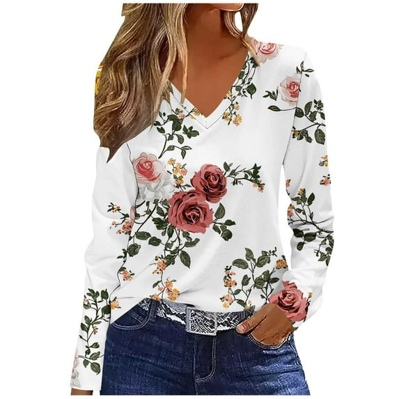 Craaazy Long Sleeve Shirts for Women V Neck Fall Tops Vintage Floral Gifts Printed Tunic Tops