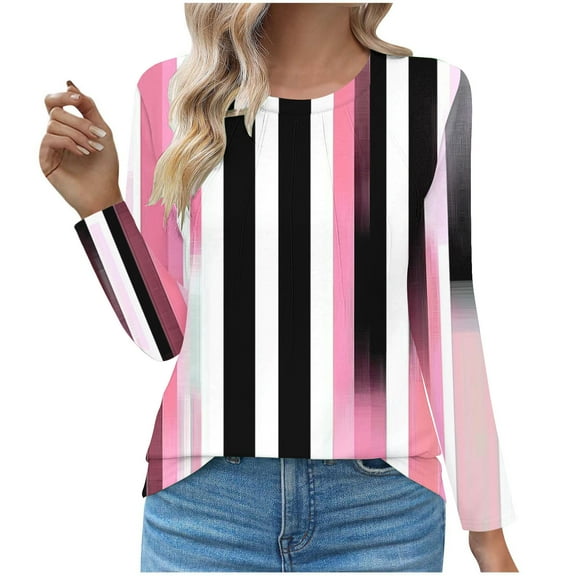 Craaazy Long Sleeve Tops for Gifts Women Round Neck Printed Pleated Loose Fit Tshirts Fall Winter Trendy Shirts Dressy Casual Blous es