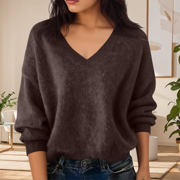 Craaazy Long Sleeve Tops for Women Casual V Neck Solid Color Loose Shirts Gifts