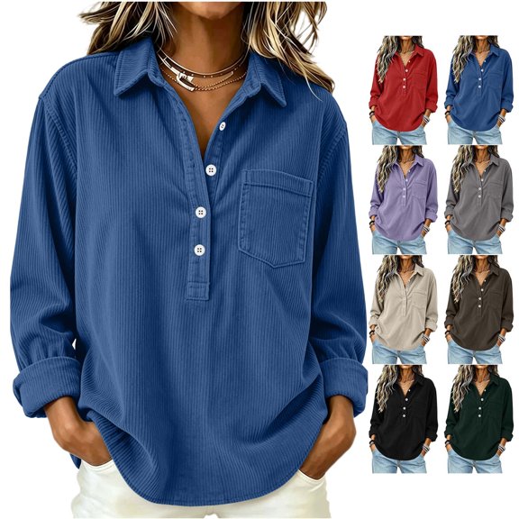 Craaazy Long Sleeve Tops for Women Corduroy Lapel Collared Blouse with Buttons and Pocket Casual Loose Fit Blouses Fall Winter Clothes