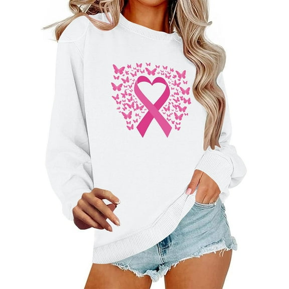 Craaazy Long-sleeved Round Neck Pullover Casual Printed Loose Sweatshirt for Women Gifts Pink Ribbon Print Blouse