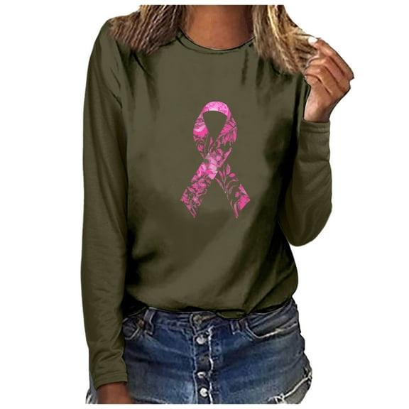 Craaazy Long-sleeved Round Neck Pullover Casual Printed Loose Sweatshirt for Women Gifts Pink Ribbon Print Blouse