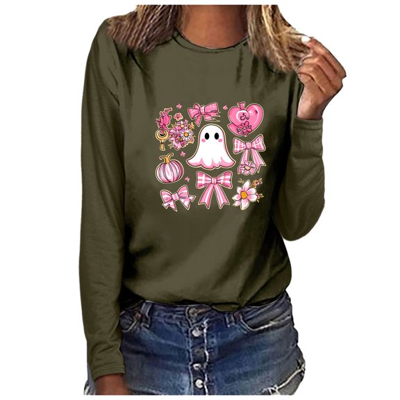 Craaazy Long-sleeved Round Neck Pullover Casual Printed Loose Sweatshirt for Women Gifts Pink Ribbon Print Blouse