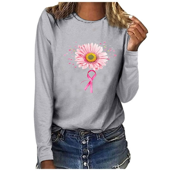 Craaazy Long-sleeved Round Neck Pullover Casual Printed Loose Sweatshirt for Women Gifts Pink Ribbon Print Blouse