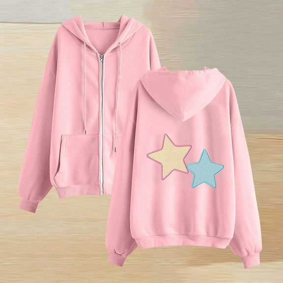 Craaazy Loose Hoodies For Women Zip Up Hoodie Tops Fashion Star Printed Graphic Sweatshirts Casual Oversized Sweatshirts Fall Jackets Gifts