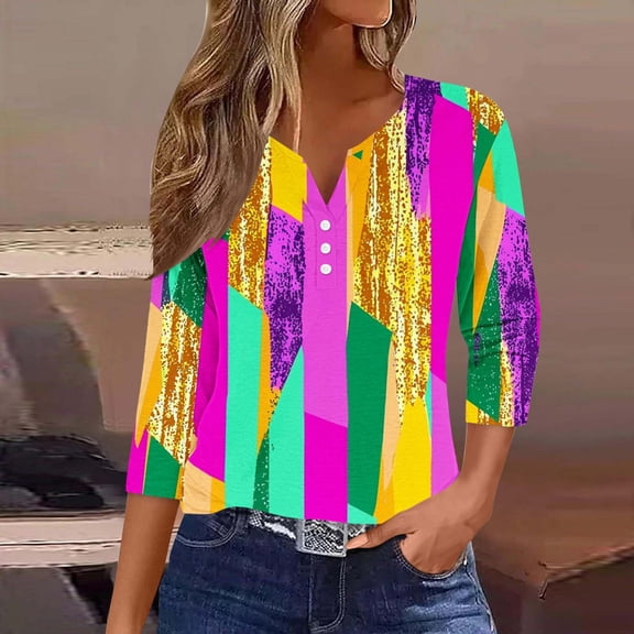 Craaazy Mardi Gras Shirts for Women Colorful Carnival Printed 3/4 Sleeve V Neck Button Tops Gifts