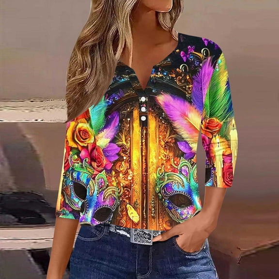 Craaazy Mardi Gras Shirts for Women Colorful Carnival Printed 3/4 Sleeve V Neck Button Tops Gifts