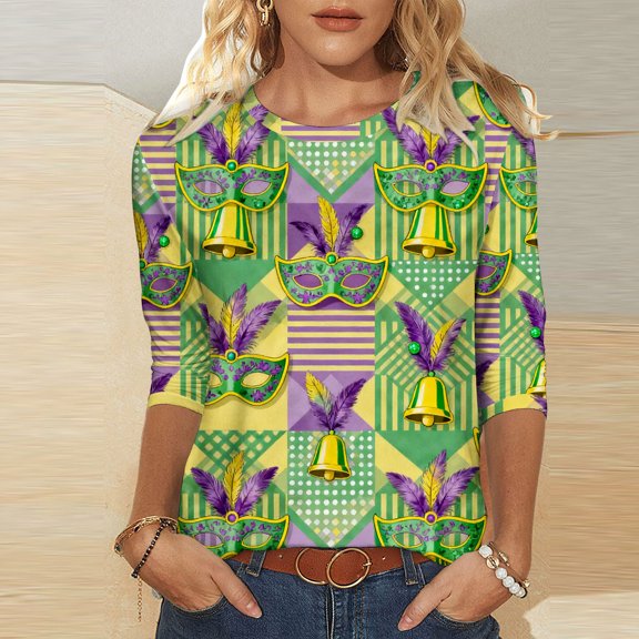 Craaazy Mardi Gras Shirts for Women Crew Neck 3/4 Sleeve Carnival Party Blouses Gifts