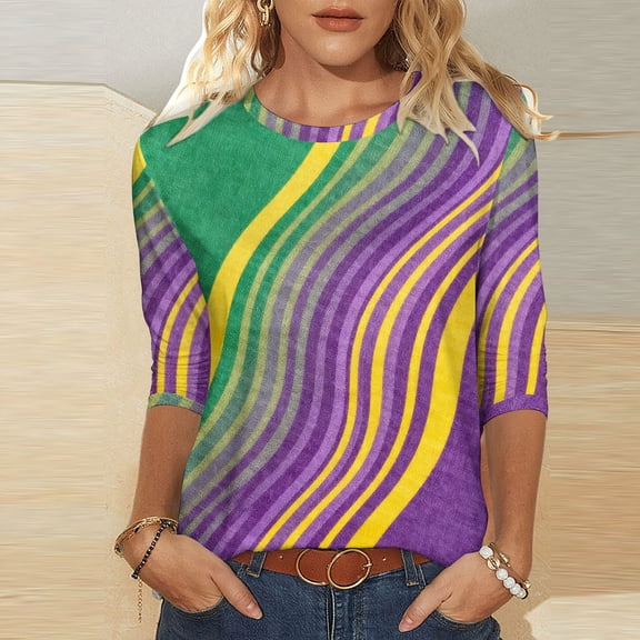 Craaazy Mardi Gras Shirts for Women Crew Neck 3/4 Sleeve Carnival Party Blouses Gifts