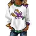 thumbnail image 1 of Craaazy Mardi Gras Shirts for Women Long Sleeve Casual Round Neck Carnival Printed Loose Denim Patchwork Printing Fashion Clothes Gifts, 1 of 4