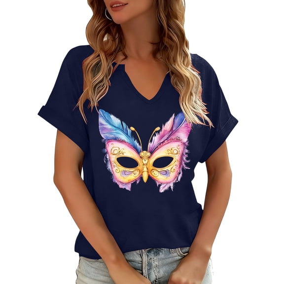 Craaazy Mardi Gras Shirts for Women Short Sleeve Casual Carnival Printed V-neck T-shirts Gifts