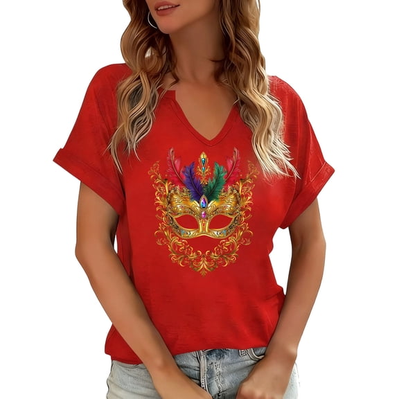 Craaazy Mardi Gras Shirts for Women Short Sleeve Casual Carnival Printed V-neck T-shirts Gifts