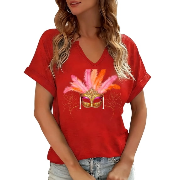 Craaazy Mardi Gras Shirts for Women Short Sleeve Casual Carnival Printed V-neck T-shirts Gifts