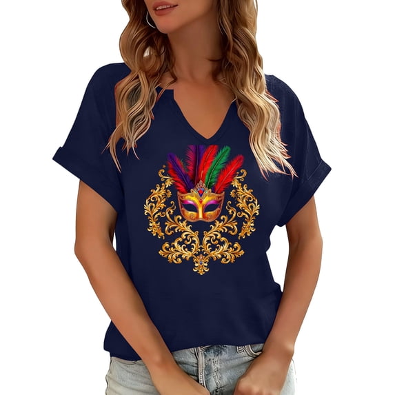Craaazy Mardi Gras Shirts for Women Short Sleeve Casual Carnival Printed V-neck T-shirts Gifts