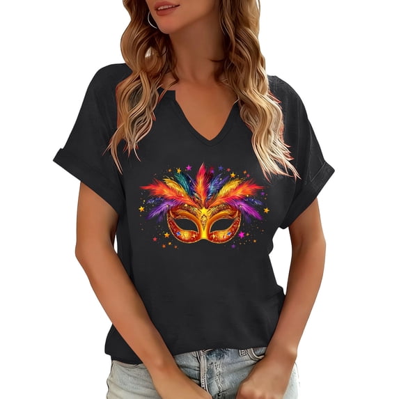 Craaazy Mardi Gras Shirts for Women Short Sleeve Casual Carnival Printed V-neck T-shirts Gifts