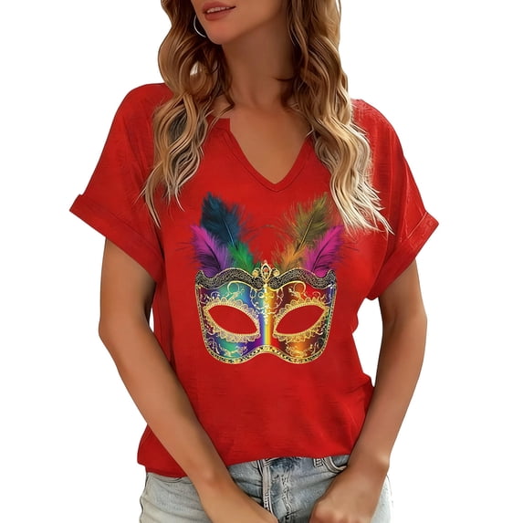 Craaazy Mardi Gras Shirts for Women Short Sleeve Casual Carnival Printed V-neck T-shirts Gifts