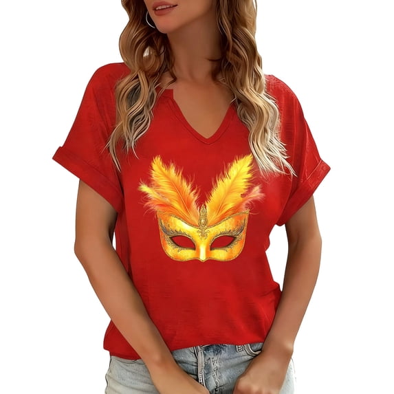 Craaazy Mardi Gras Shirts for Women Short Sleeve Casual Carnival Printed V-neck T-shirts Gifts