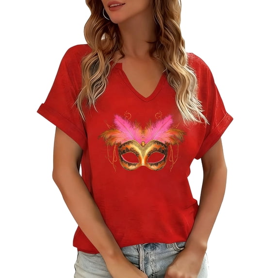 Craaazy Mardi Gras Shirts for Women Short Sleeve Casual Carnival Printed V-neck T-shirts Gifts