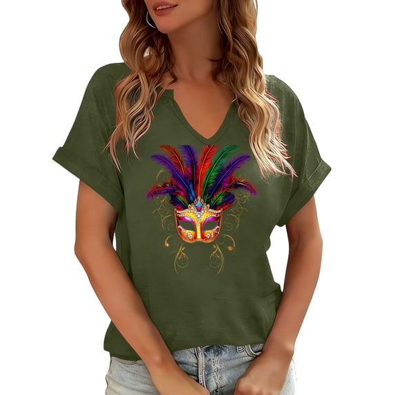 Craaazy Mardi Gras Shirts for Women Short Sleeve Casual Carnival Printed V-neck T-shirts Gifts