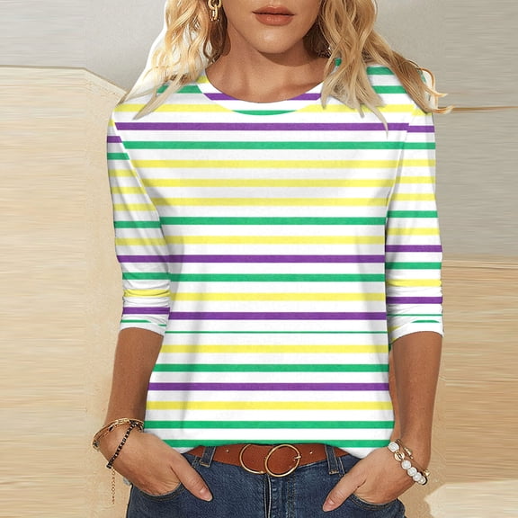 Craaazy Mardi Gras Tops for Women Crewneck Prints Blouses Carnival Party 3/4 Sleeve Tops Gifts