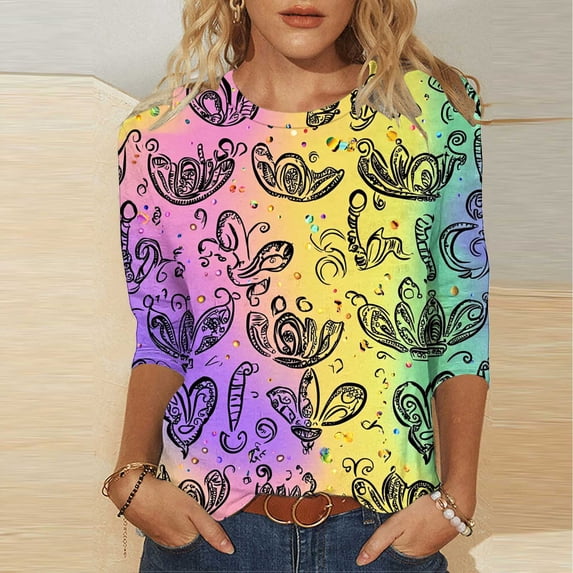 Craaazy Mardi Gras Women's Fashion Carnival Printed T-shirt 3/4 Sleeves Blouse Round Neck Casual Tops Gifts