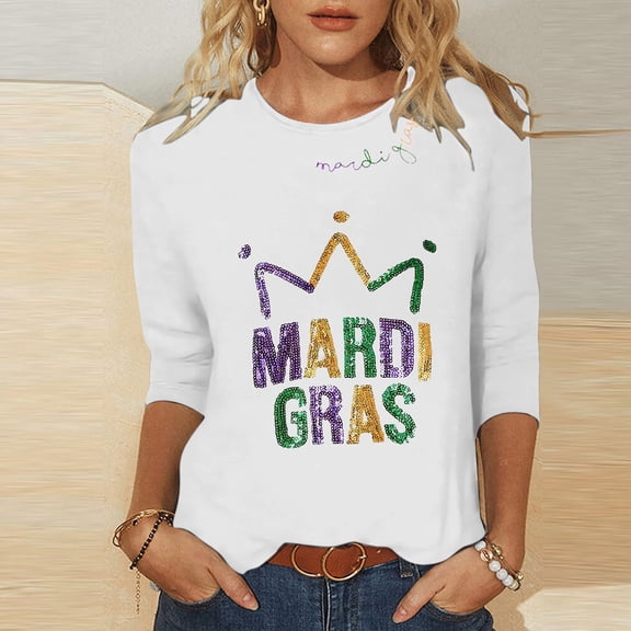 Craaazy Mardi Gras Women's Fashion Carnival Printed T-shirt 3/4 Sleeves Blouse Round Neck Casual Tops Gifts