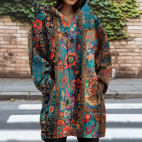 Craaazy Long Knit Button Hoodie for Women Long Sleeved with Pockets Fall Winter Watercolor Dahlia Design Printed Hooded Cardigan Womens Shirts