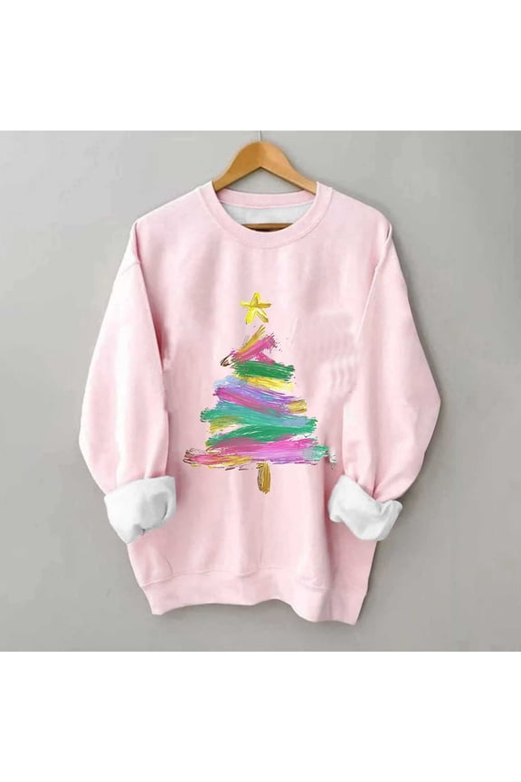 Merry Christmas Sweatshirt for Women Christmas Tree Light Printed Crewneck Pullover Sweatshirts Funny Xmas Fashion Sweater Holiday Tops Gifts For Women