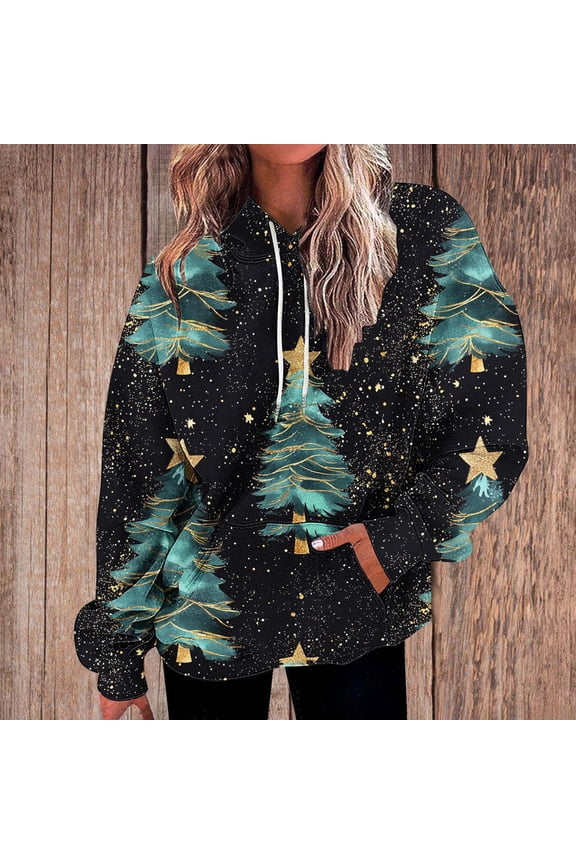 Oversized Hoodies for Women Christmas Printed Sweatshirts Baggy Drawstring Hooded Pullover Tops with Pockets Gifts