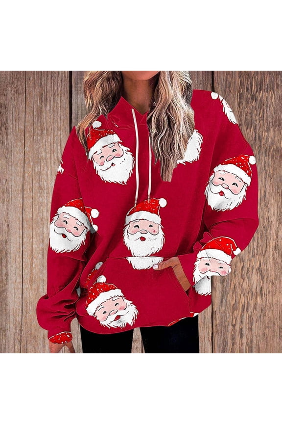 Oversized Hoodies for Women Christmas Printed Sweatshirts Baggy Drawstring Hooded Pullover Tops with Pockets Gifts