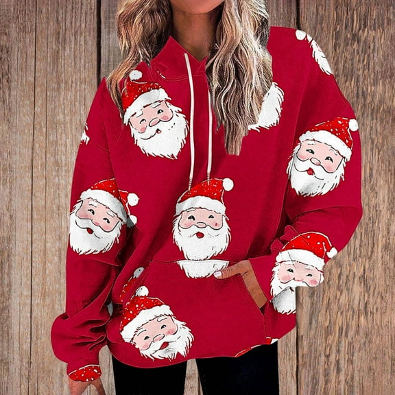 Craaazy Oversized Hoodies for Women Christmas Printed Sweatshirts Baggy Drawstring Hooded Pullover Tops with Pockets Gifts