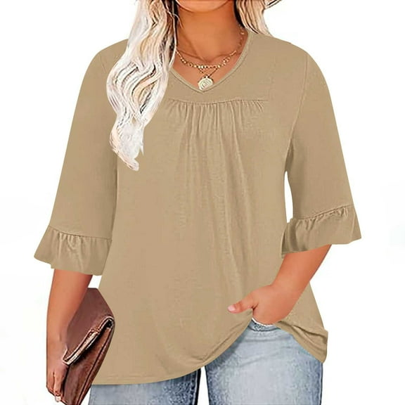 Craaazy Oversized Sweatshirt for Women 3/4 Ruffled Sleeve V Neck Shirt Solid Color Pleated T-shirt Gifts For Women