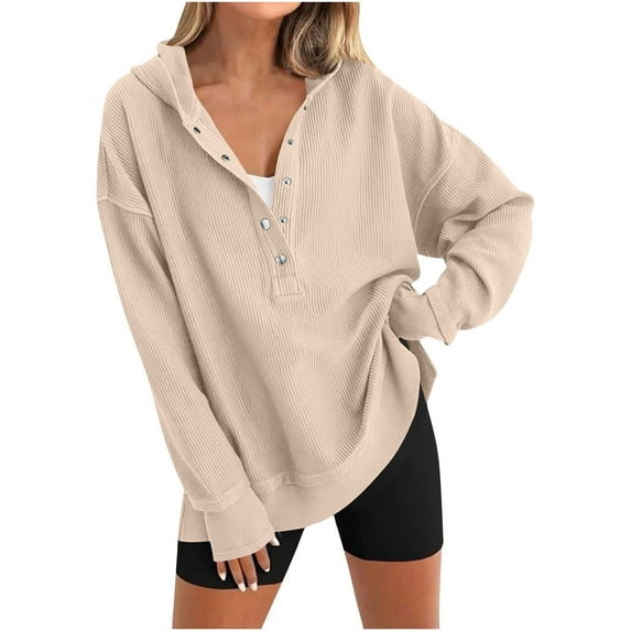 Craaazy Oversized Sweatshirts for Women Solid Color Hooded Button Long Sleeve Tops Gifts