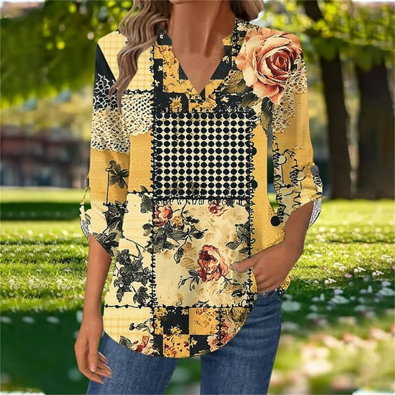 Craaazy Oversized Tshirts For Women Casual Printed V Neck Long Sleeve Shirt Floral Printed Top With Buttons Gifts