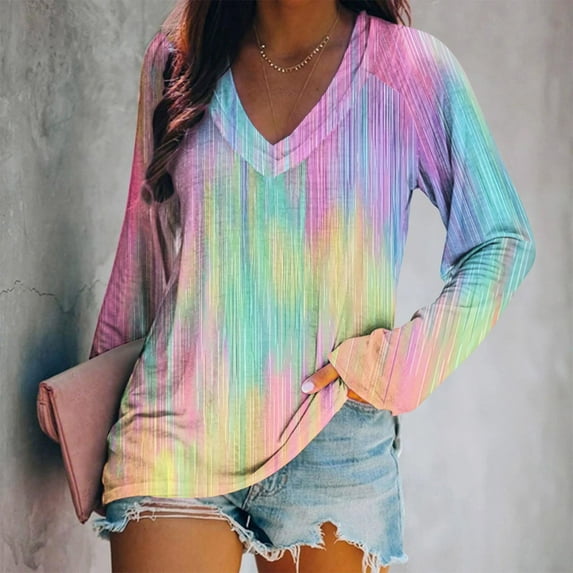 Craaazy Oversized Tshirts For Women Long Sleeve Blouse V-Neck Casual Pullover Tops Trendy Color Block Sweatshirt Tie Dye Shirts Gifts For Women