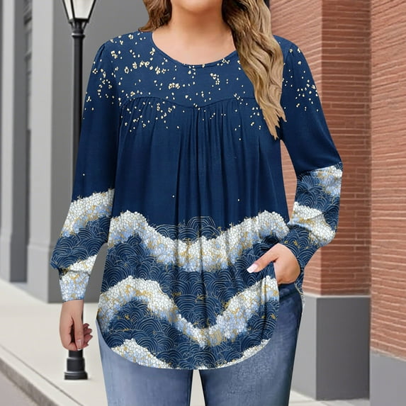 Craaazy Plus Size Clothes For Women Gradient Color Pleated T-shirt Long Sleeve Round Neck Home Casual Tops Dots Floral Pattern Shirts Gifts For Women