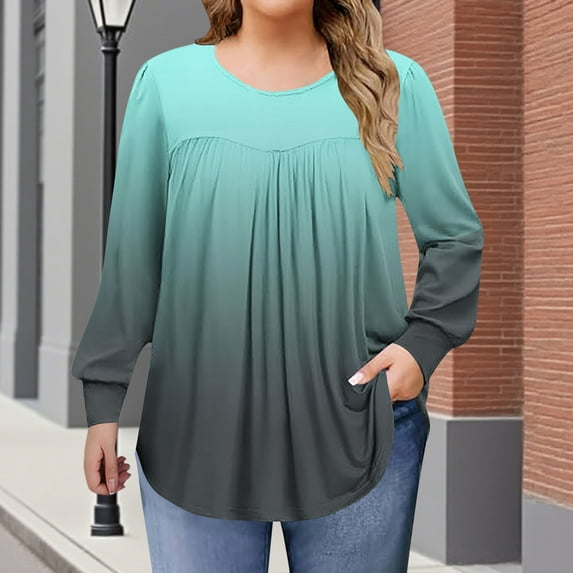 Craaazy Plus Size Clothes For Women Gradient Color Pleated T-shirt Long Sleeve Round Neck Home Casual Tops Gifts For Women
