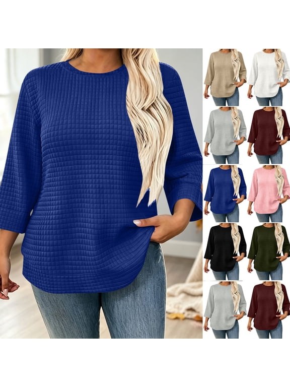 Plus Size Tops for Women, Loose Fit Solid Color Crew Neck Blouses, Waffle Texture Curved Hem Casual Basic 3/4 Sleeve Tops for Spring Fall Winter Daily Wear