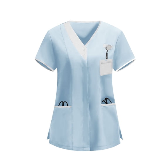 Craaazy Plus Size Women's Solid Color Nursing Scrub T-shirts with Contrast V-Neck and Multi Pockets for Medical Work Gift