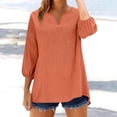thumbnail image 1 of Craaazy Plus Size Womens Solid Color V-Neck 3/4 Sleeve Cotton Linen Blouse with Embroidery for Casual Outings Gift, 1 of 9