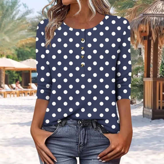 Craaazy Retro Floral Print Summer Blouse for Women 3/4 Length Sleeve Womens Tops Casual Button Henley Shirts Loose Fit