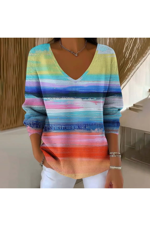Shirts For Women Casual Colorful Prints V-neck Long-sleeved Sweatshirt Loose And Versatile Tops Gifts For Women