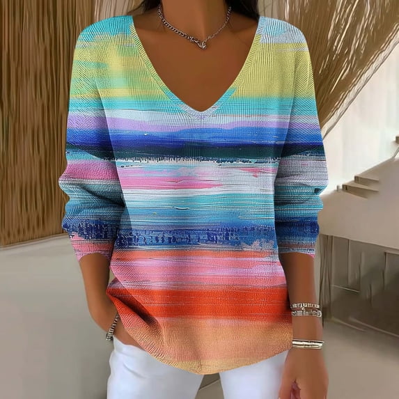 Craaazy Shirts For Women Casual Colorful Prints V-neck Long-sleeved Sweatshirt Loose And Versatile Tops Gifts For Women